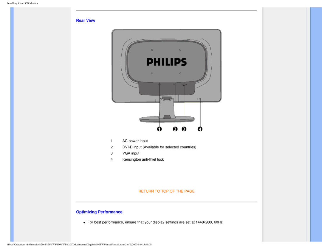 Philips 190VW8 user manual Rear View 