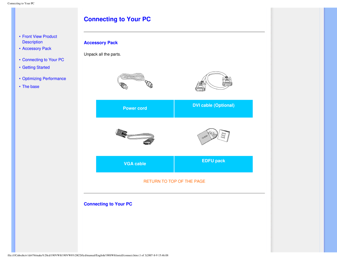 Philips 190VW8 user manual Connecting to Your PC, Accessory Pack 