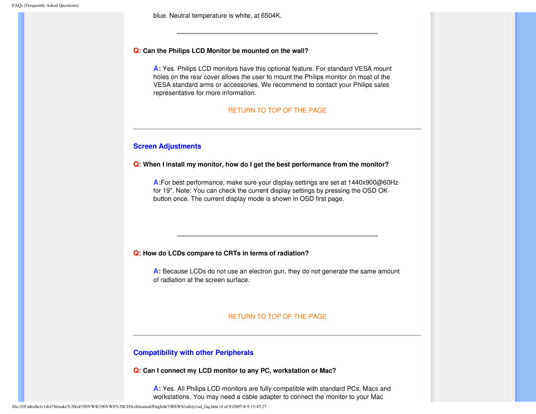 Philips 190VW8 user manual Screen Adjustments, Compatibility with other Peripherals 