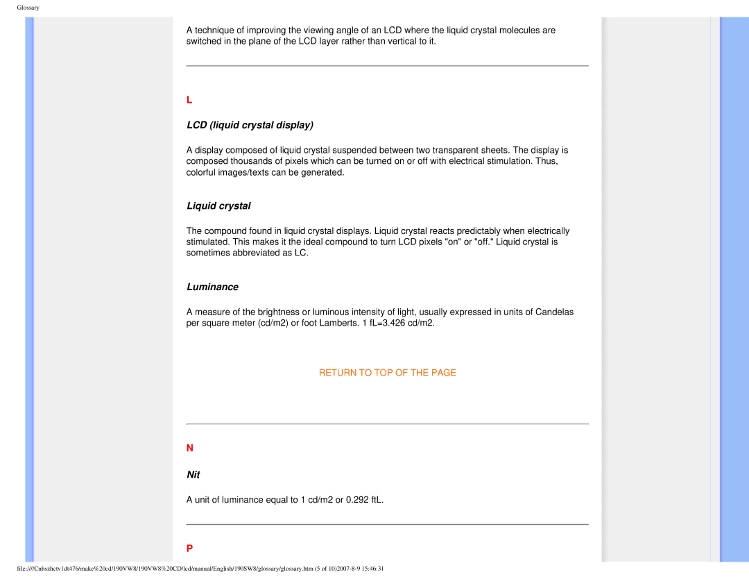 Philips 190VW8 user manual LCD liquid crystal display, Liquid crystal, Luminance, Nit 