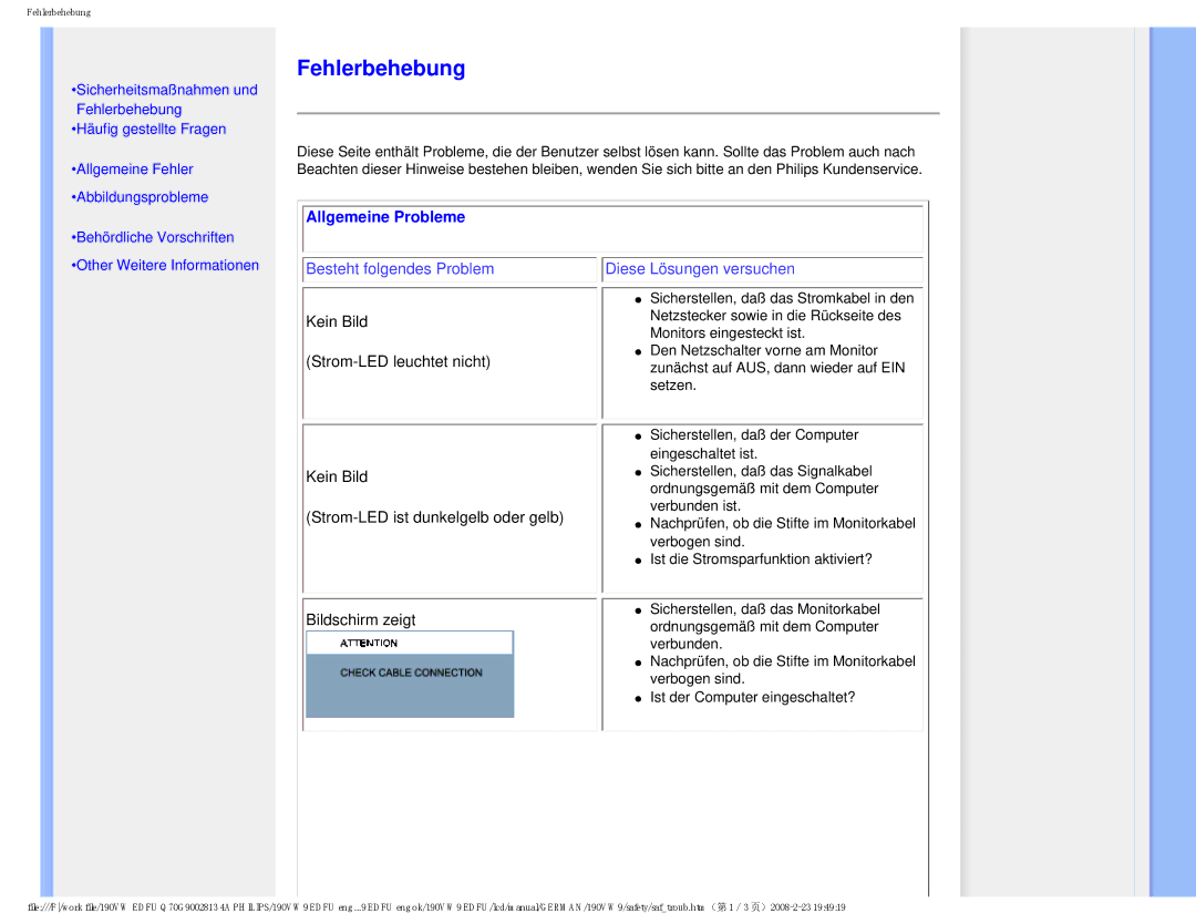 Philips 190VW9 user manual Fehlerbehebung, Allgemeine Probleme 