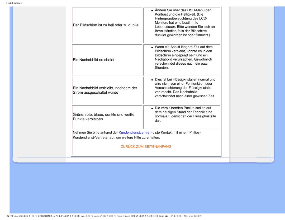 Philips 190VW9 user manual Zurück ZUM Seitenanfang 
