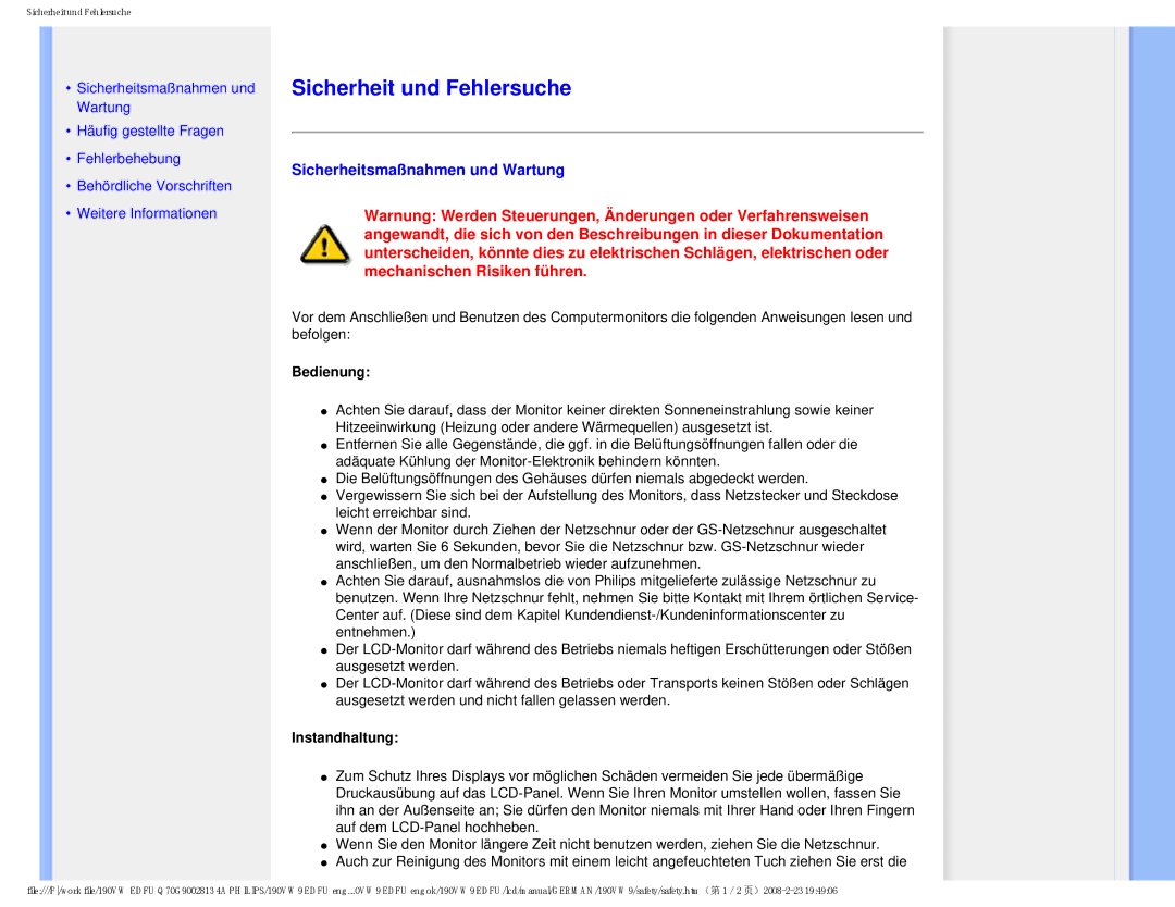 Philips 190VW9 user manual Sicherheit und Fehlersuche, Sicherheitsmaßnahmen und Wartung, Bedienung, Instandhaltung 