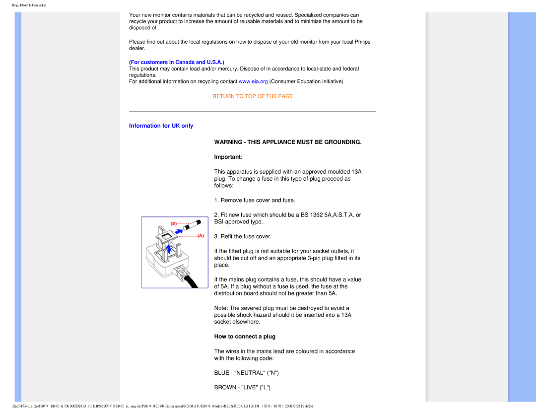 Philips 190VW9 user manual Information for UK only 