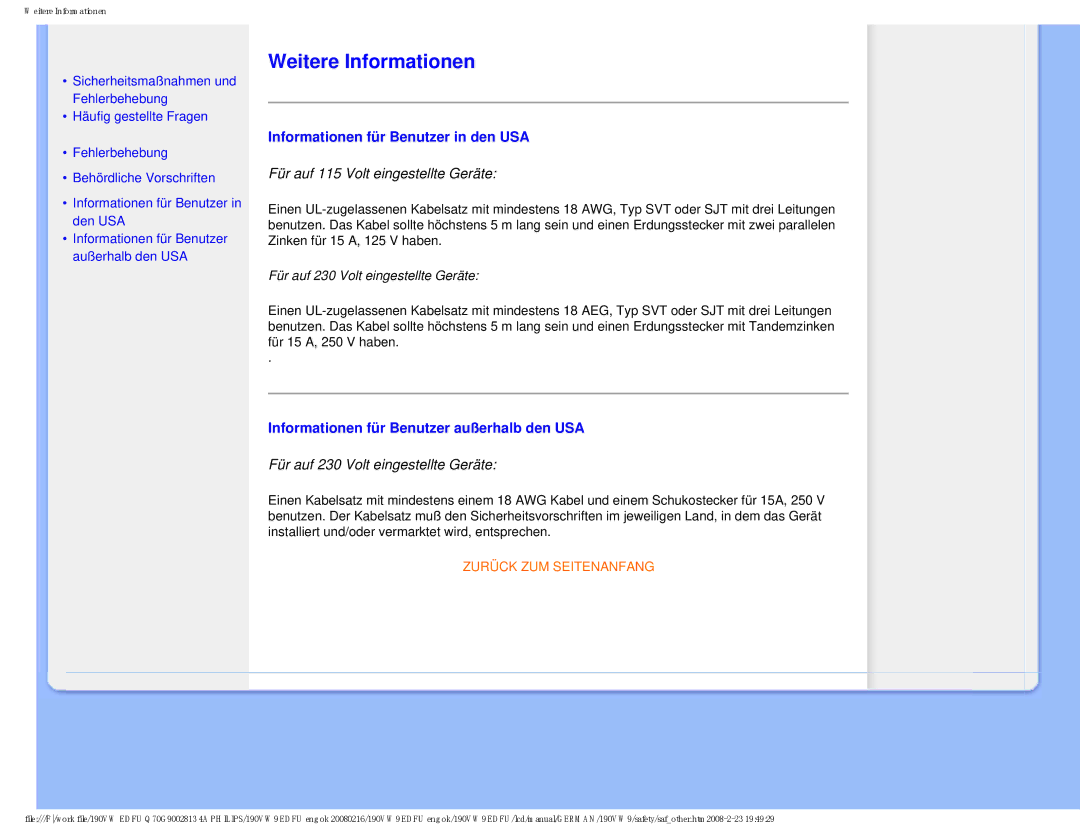 Philips 190VW9 Weitere Informationen, Informationen für Benutzer in den USA, Informationen für Benutzer außerhalb den USA 