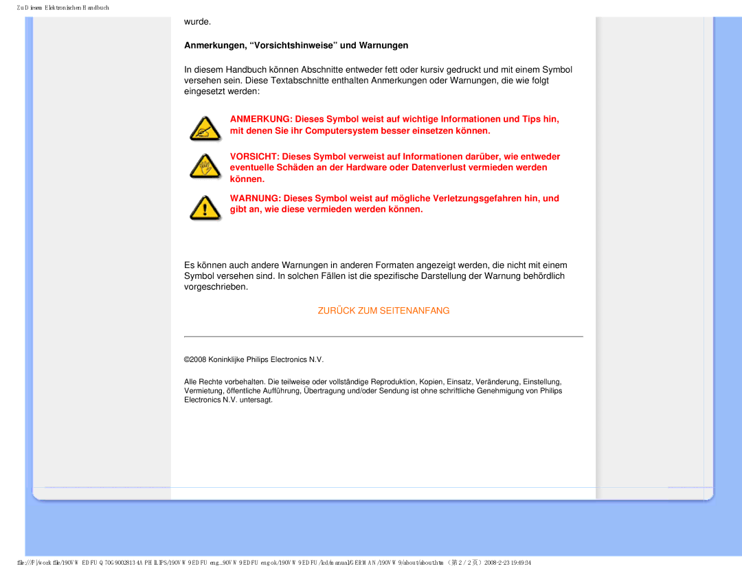 Philips 190VW9 user manual Anmerkungen, Vorsichtshinweise und Warnungen 