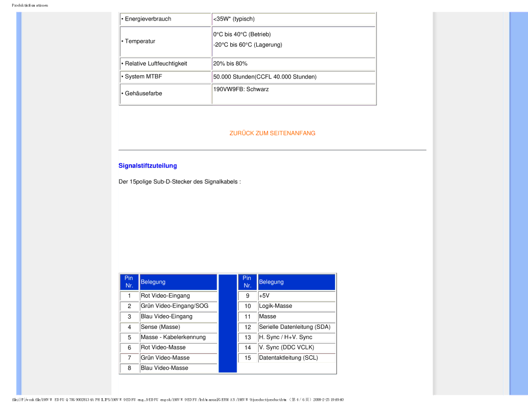 Philips 190VW9 user manual Signalstiftzuteilung 