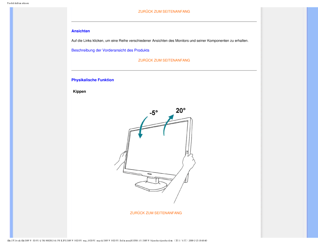 Philips 190VW9 user manual Ansichten, Physikalische Funktion, Kippen 