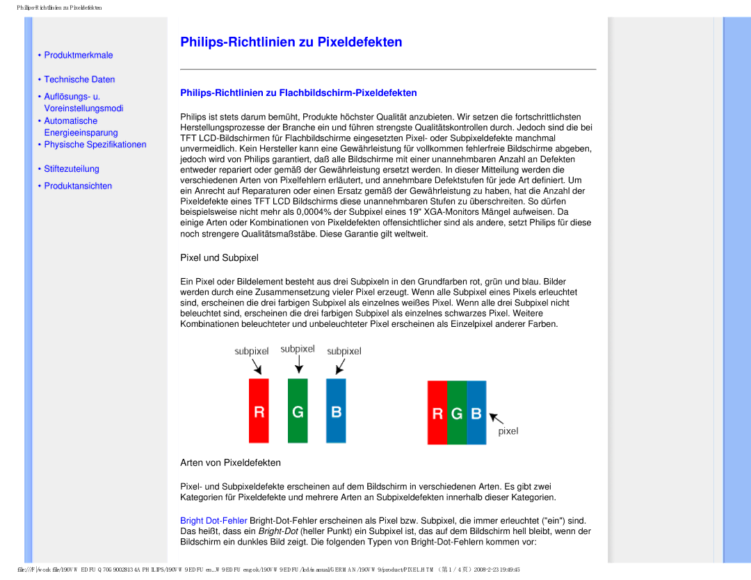 Philips 190VW9 user manual Philips-Richtlinien zu Pixeldefekten, Philips-Richtlinien zu Flachbildschirm-Pixeldefekten 