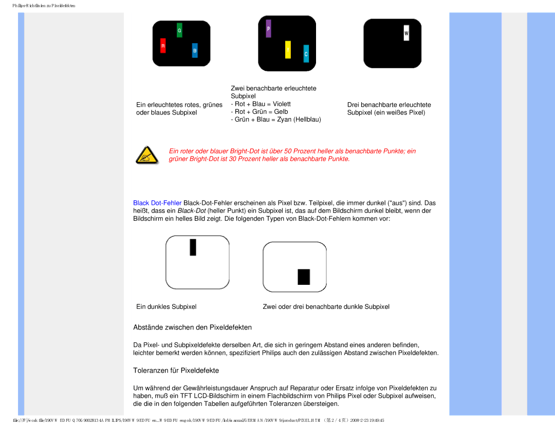 Philips 190VW9 user manual Abstände zwischen den Pixeldefekten 