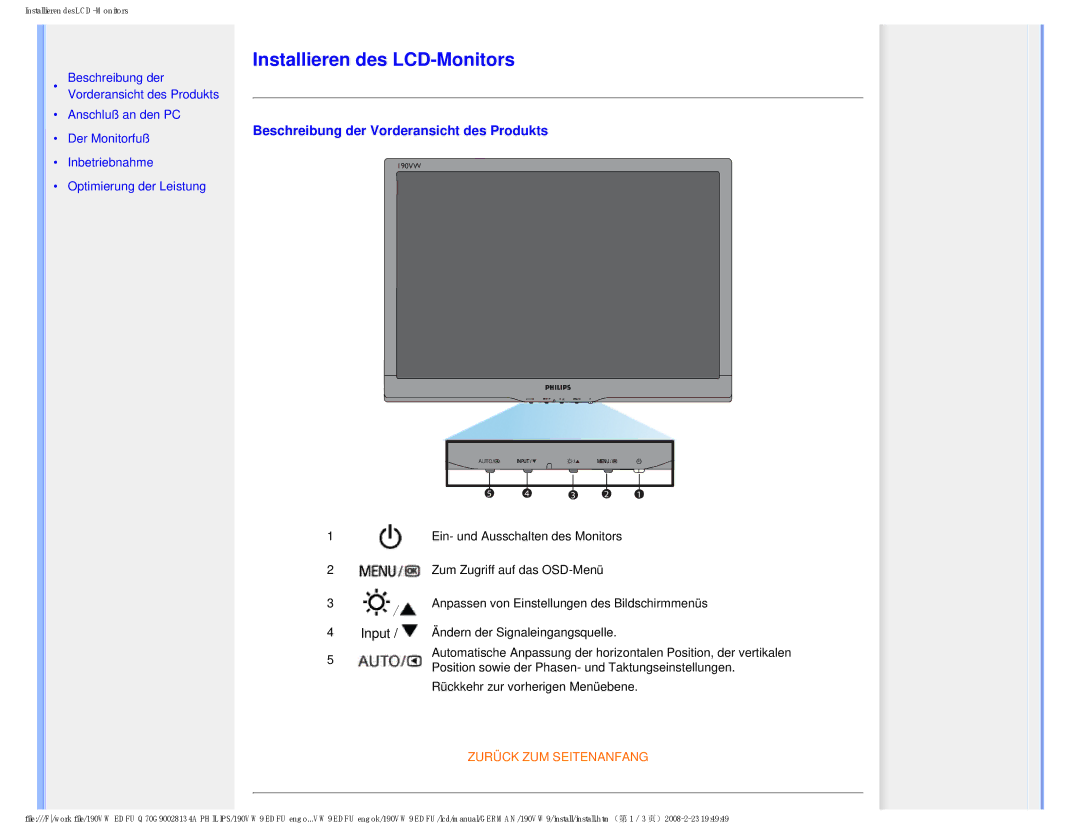 Philips 190VW9 user manual Installieren des LCD-Monitors, Beschreibung der Vorderansicht des Produkts 