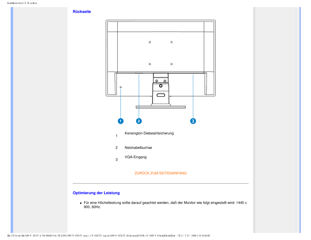 Philips 190VW9 user manual Rückseite, Optimierung der Leistung 