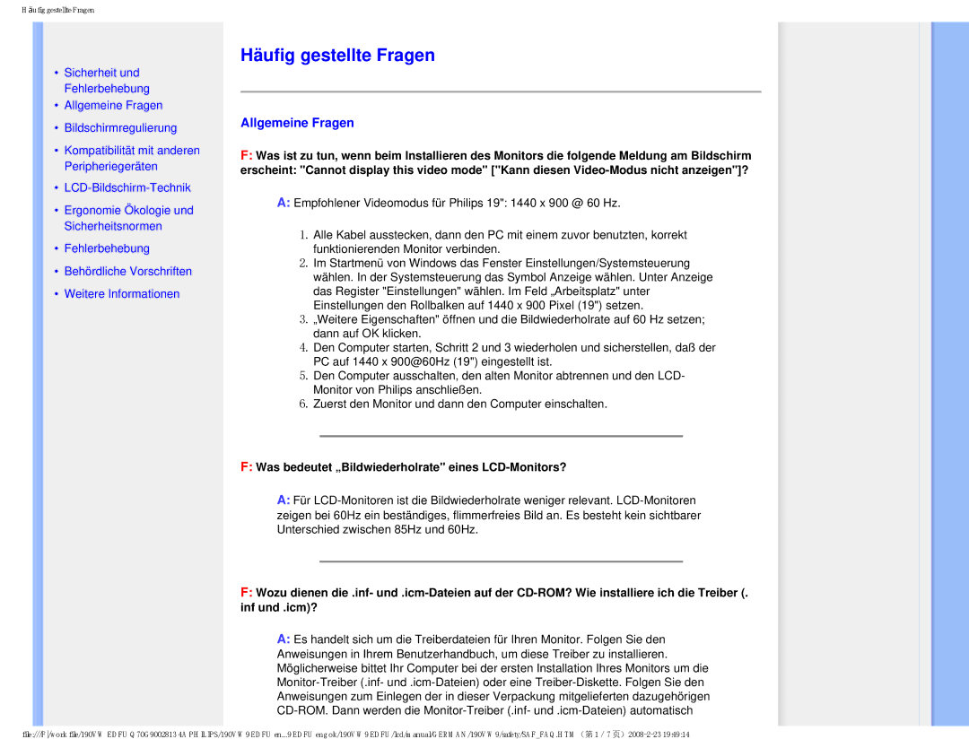 Philips 190VW9 user manual Häufig gestellte Fragen, Allgemeine Fragen, Was bedeutet „Bildwiederholrate eines LCD-Monitors? 