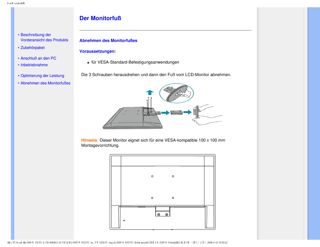 Philips 190VW9 user manual Der Monitorfuß, Abnehmen des Monitorfußes Voraussetzungen 