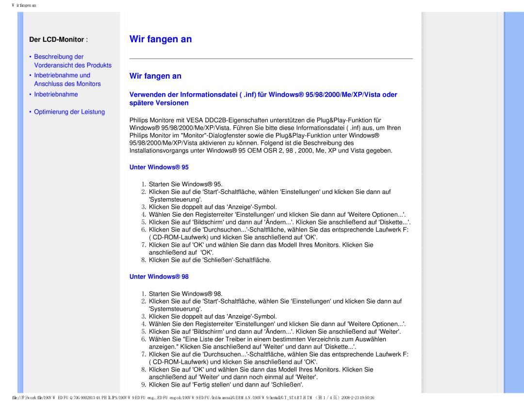 Philips 190VW9 user manual Wir fangen an, Unter Windows 