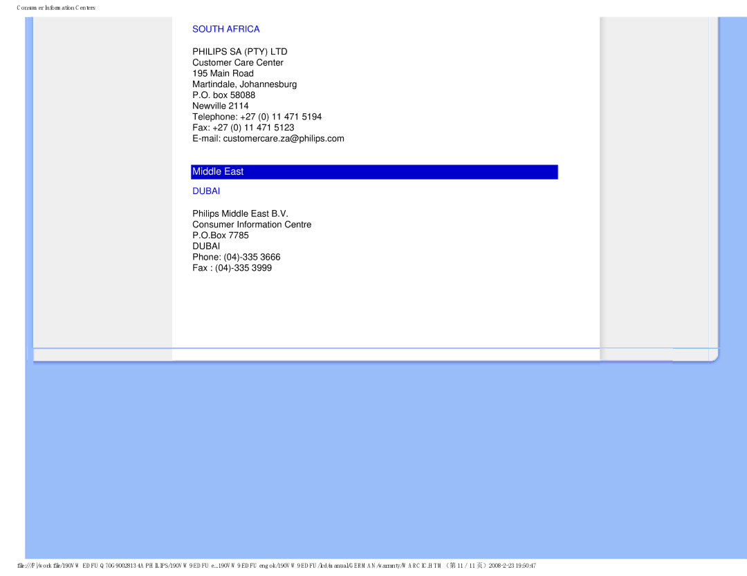 Philips 190VW9 user manual South Africa, Dubai 