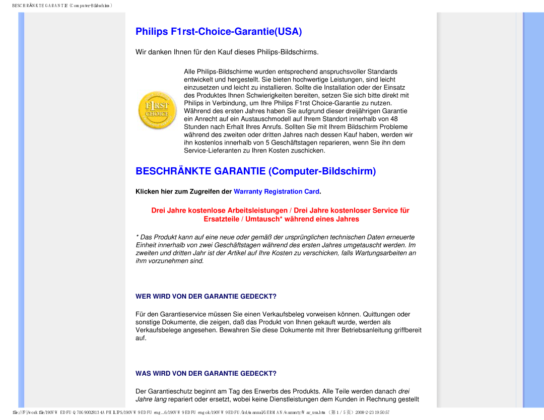 Philips 190VW9 user manual Philips F1rst-Choice-GarantieUSA, Beschränkte Garantie Computer-Bildschirm 