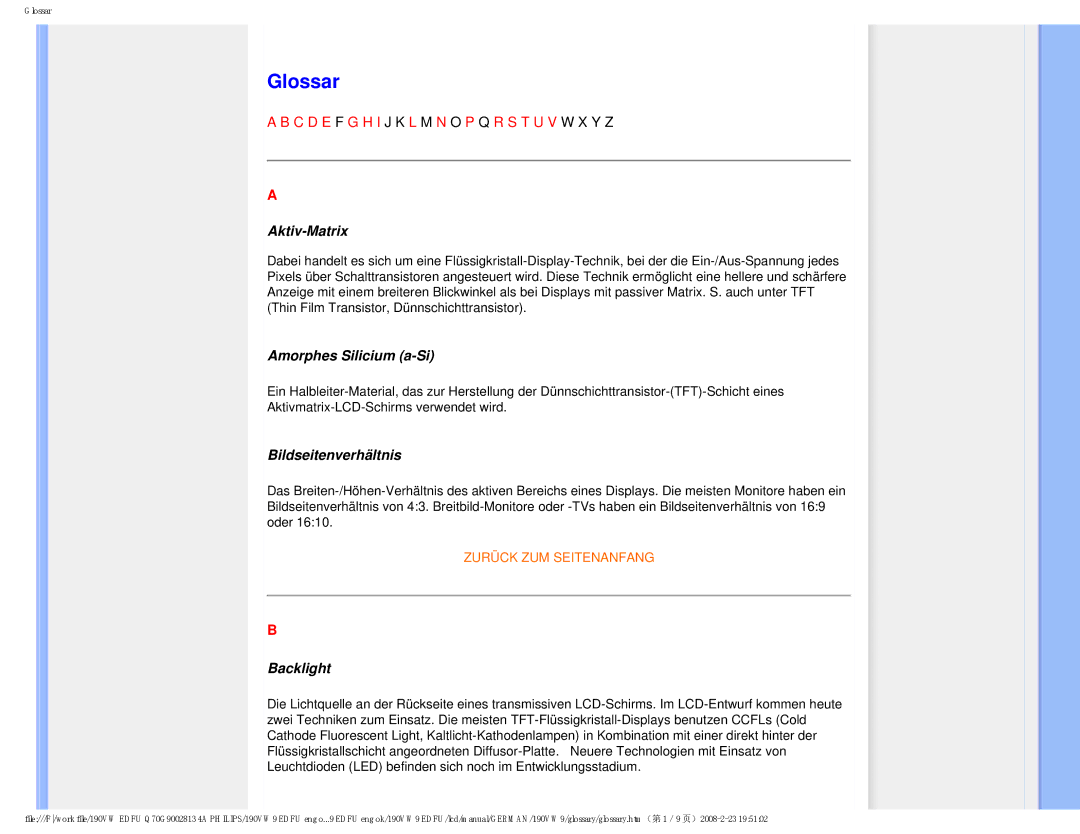 Philips 190VW9 user manual Glossar, Aktiv-Matrix, Amorphes Silicium a-Si, Bildseitenverhältnis, Backlight 