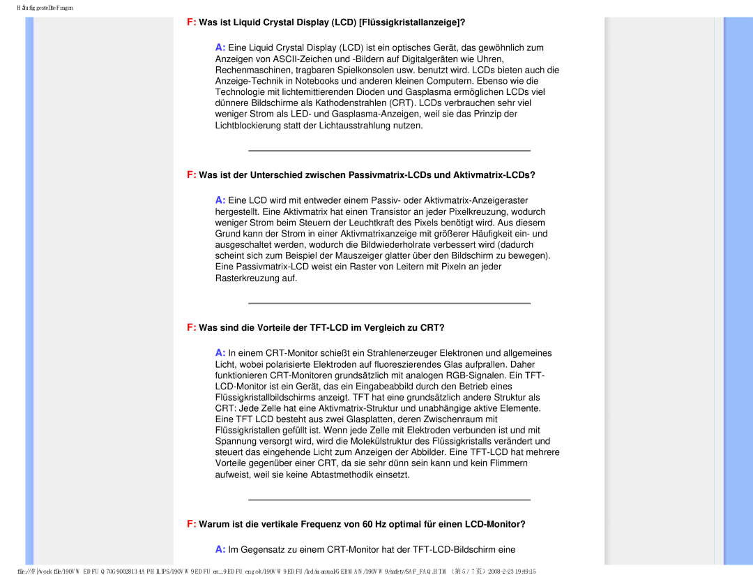 Philips 190VW9 user manual Was ist Liquid Crystal Display LCD Flüssigkristallanzeige? 