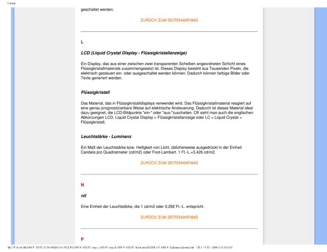 Philips 190VW9 user manual LCD Liquid Crystal Display Flüssigkristallanzeige, Leuchtstärke Luminanz, Nit 