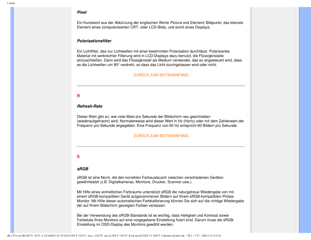 Philips 190VW9 user manual Pixel, Polarisationsfilter, Refresh-Rate, Srgb 