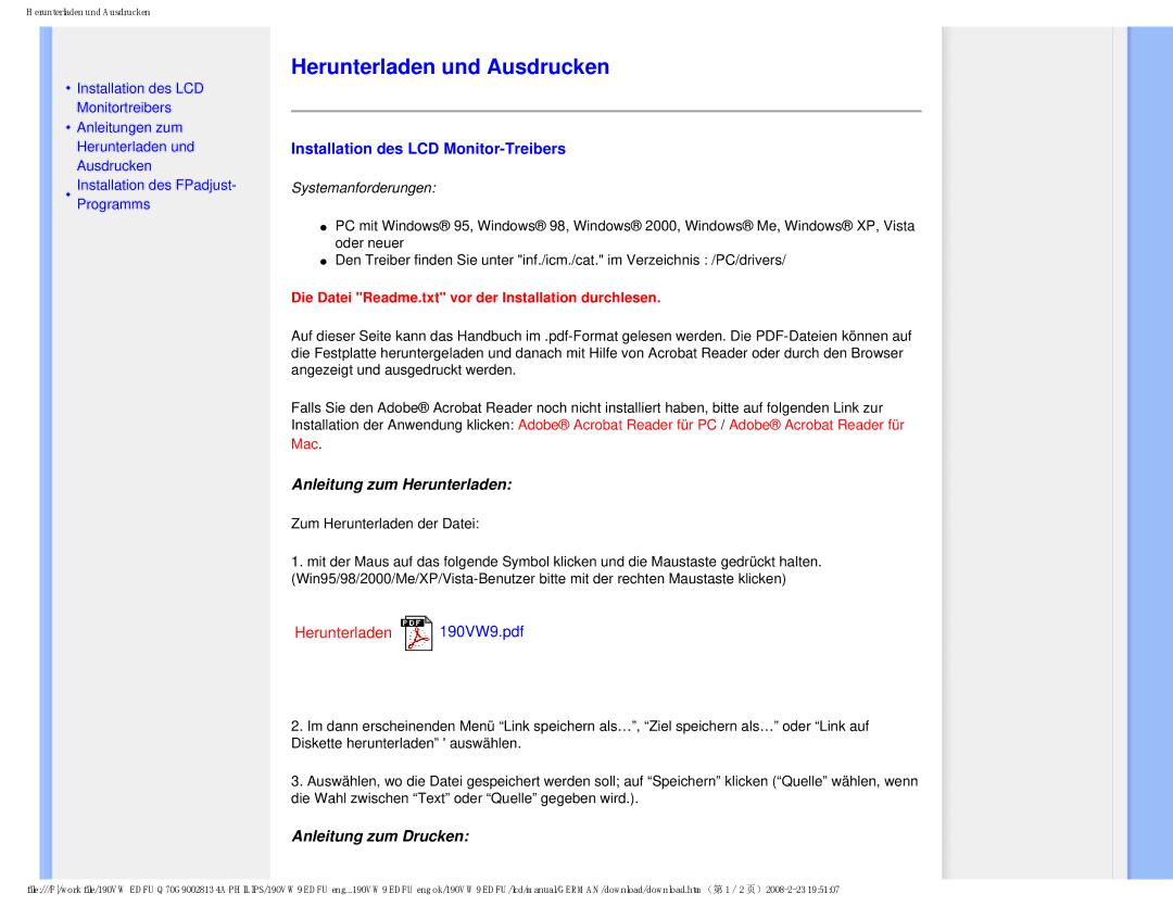 Philips 190VW9 user manual Herunterladen und Ausdrucken, Installation des LCD Monitor-Treibers, Anleitung zum Herunterladen 