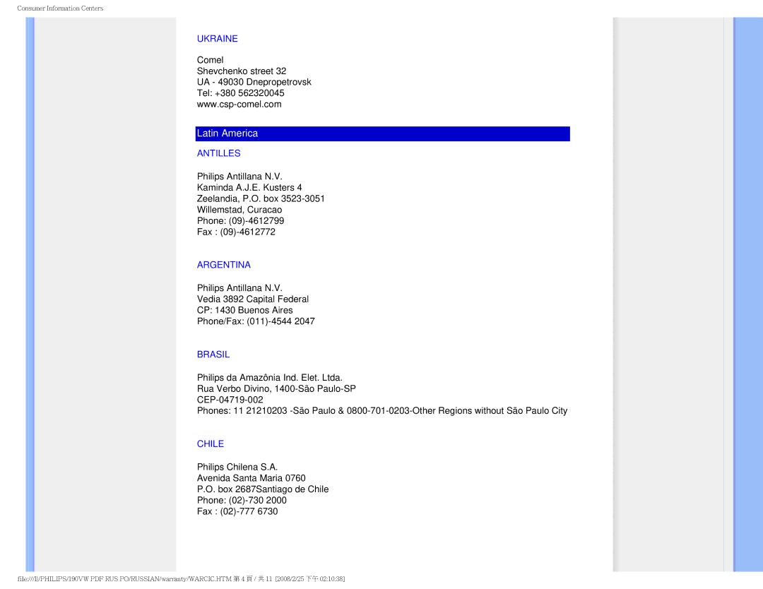 Philips 190VW9 user manual Ukraine, Antilles, Argentina, Brasil, Chile 