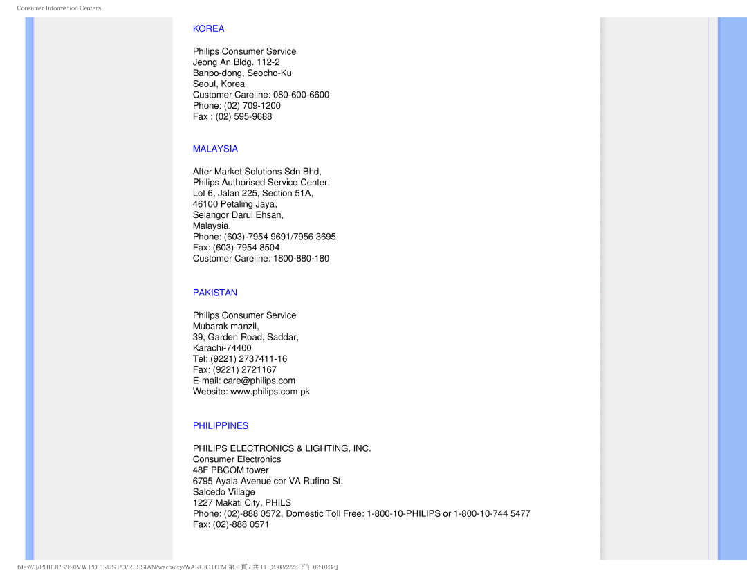 Philips 190VW9 user manual Korea, Malaysia, Pakistan, Philippines 