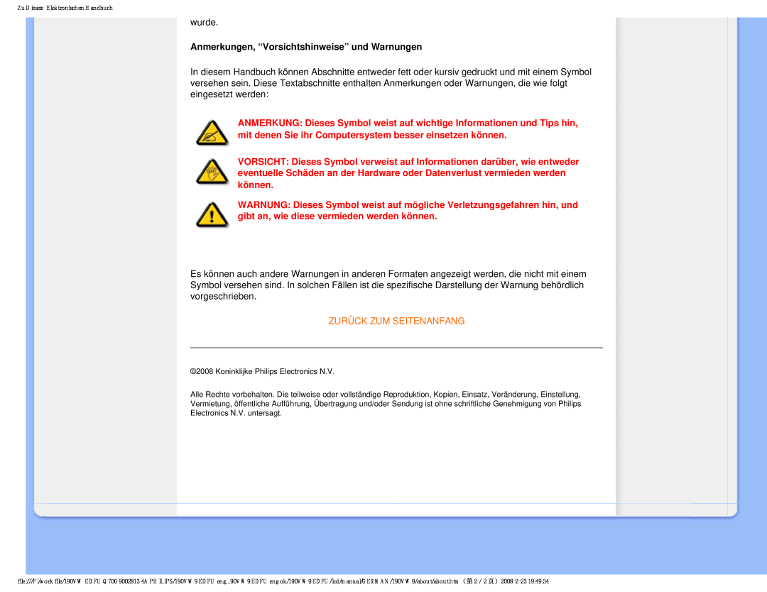Philips 190VW9 user manual Anmerkungen, “Vorsichtshinweise” und Warnungen, Zurück Zum Seitenanfang 