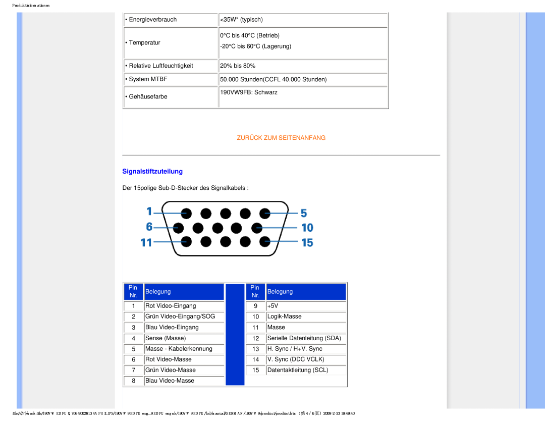 Philips 190VW9 user manual Signalstiftzuteilung, Zurück Zum Seitenanfang, Belegung 
