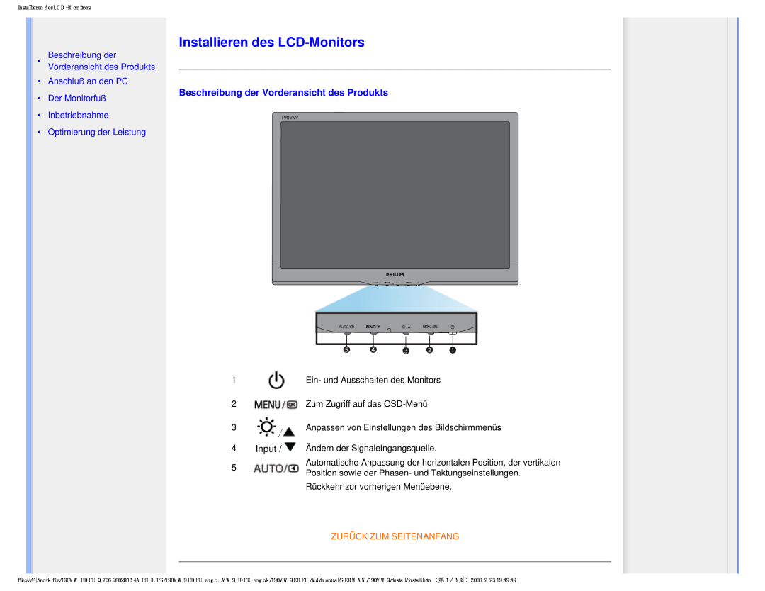 Philips 190VW9 Installieren des LCD-Monitors, Beschreibung der Vorderansicht des Produkts, Zum Zugriff auf das OSD-Menü 