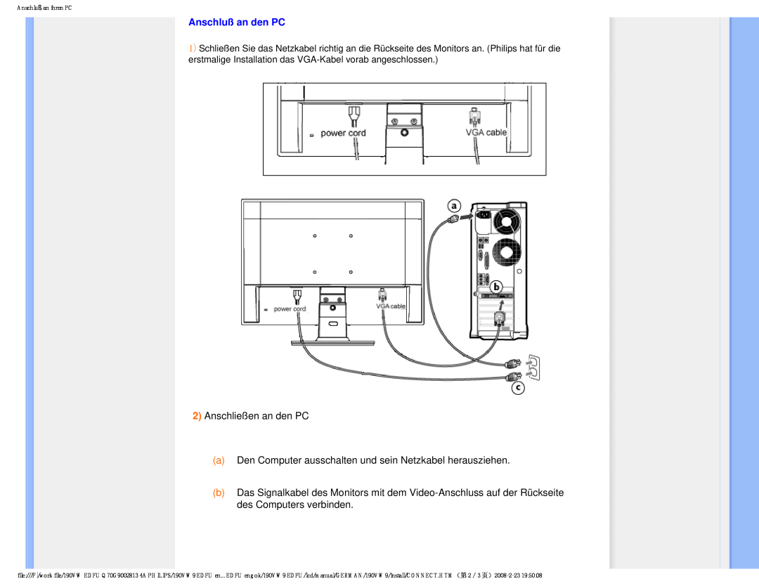 Philips 190VW9 user manual Anschluß an den PC 