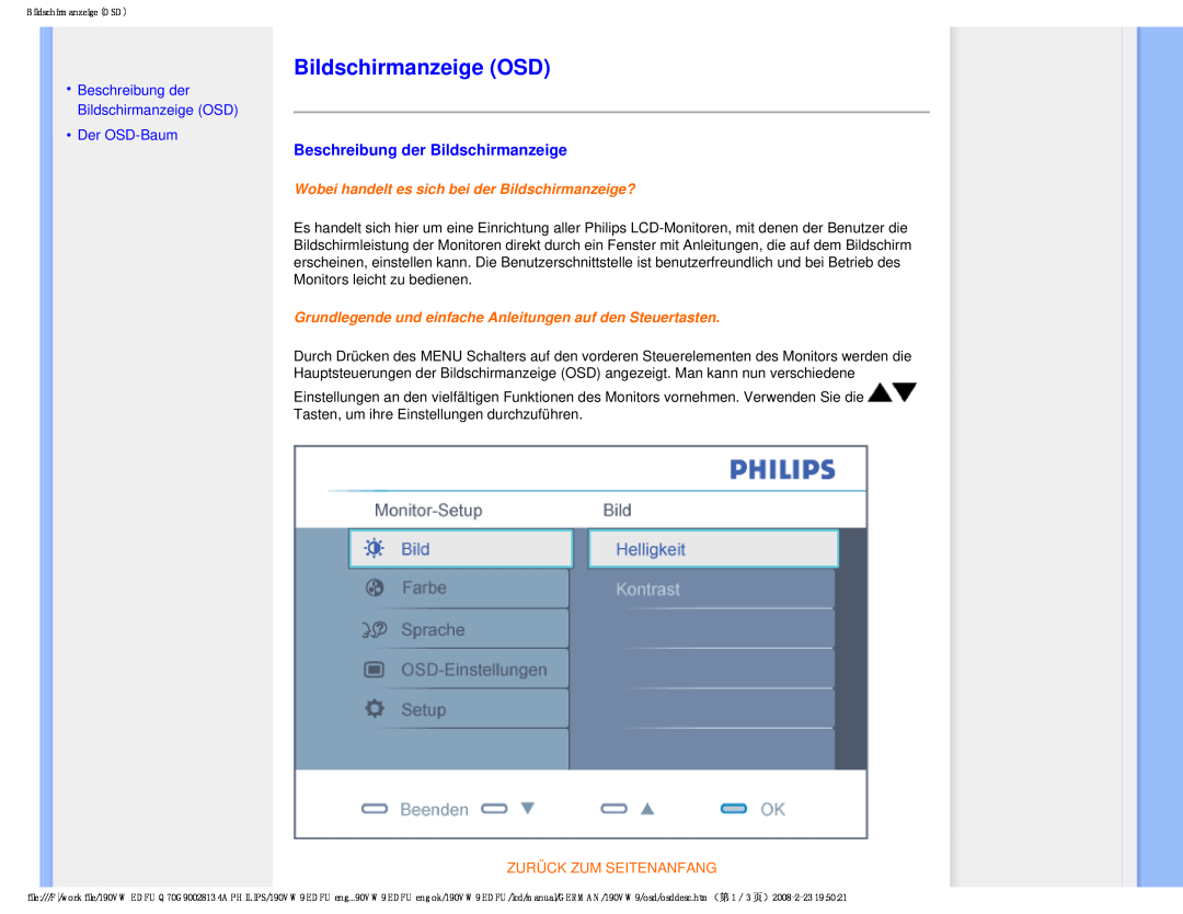 Philips 190VW9 user manual Beschreibung der Bildschirmanzeige OSD, Der OSD-Baum, Zurück Zum Seitenanfang 
