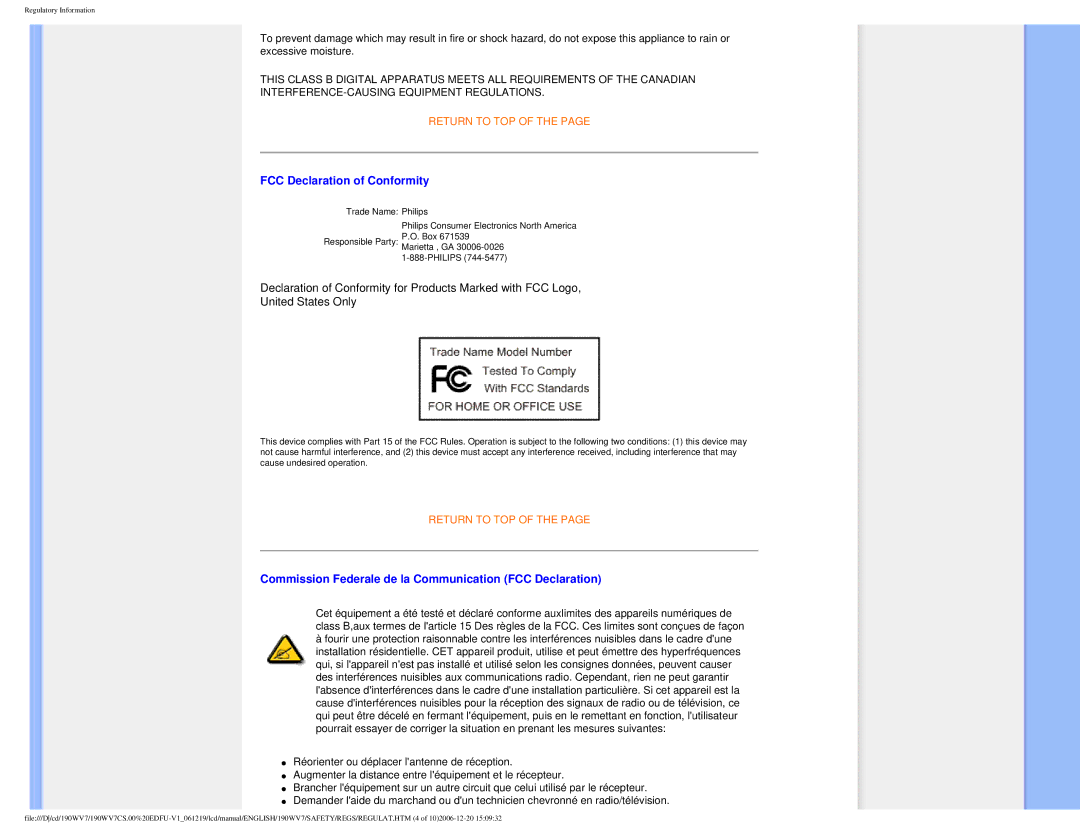 Philips 190WV7 user manual FCC Declaration of Conformity, Commission Federale de la Communication FCC Declaration 