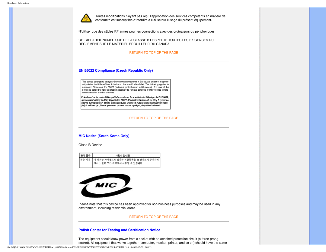 Philips 190WV7 user manual EN 55022 Compliance Czech Republic Only, MIC Notice South Korea Only 