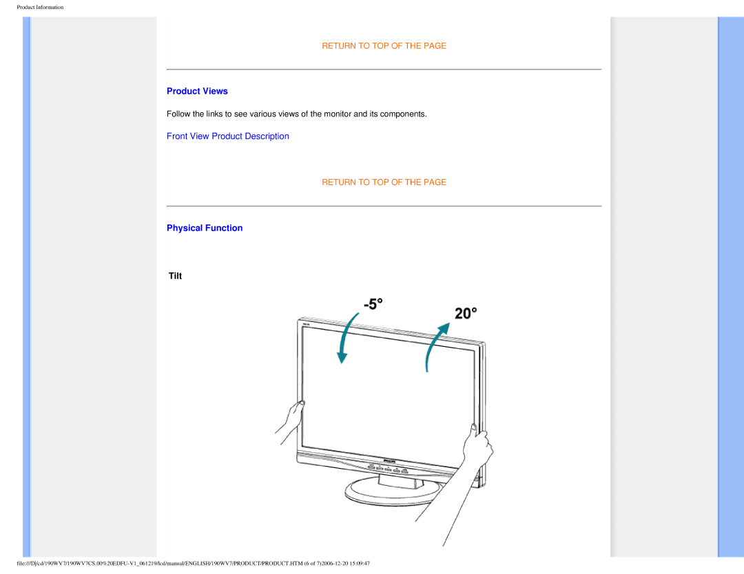 Philips 190WV7 user manual Product Views, Physical Function, Tilt 