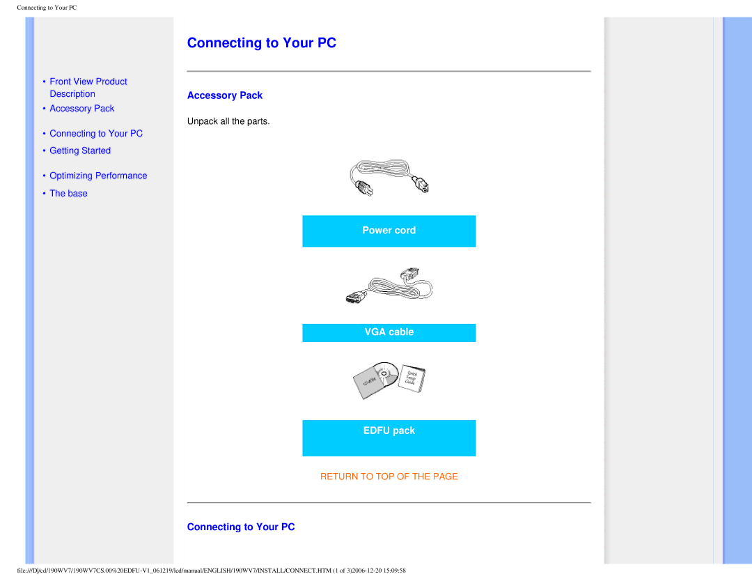 Philips 190WV7 user manual Connecting to Your PC, Accessory Pack 