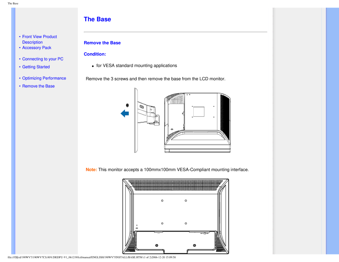 Philips 190WV7 user manual Remove the Base Condition 