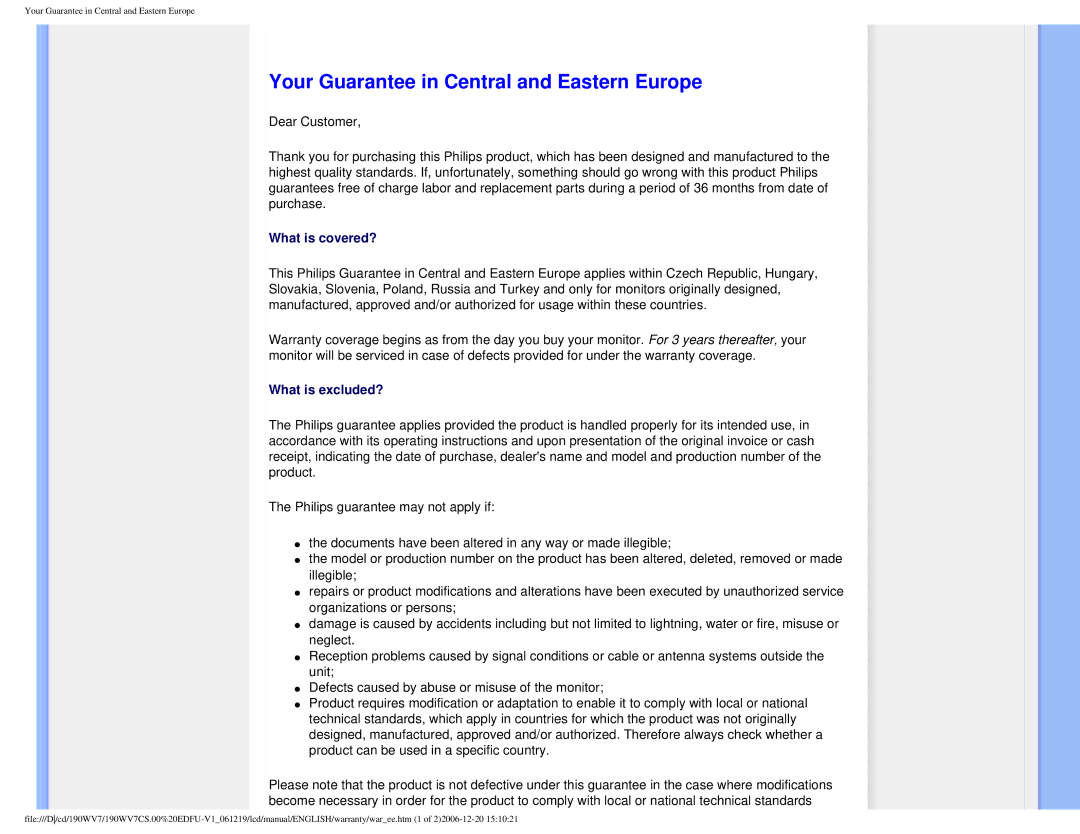 Philips 190WV7 user manual Your Guarantee in Central and Eastern Europe 