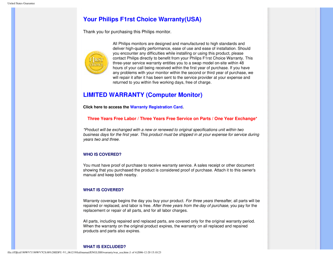 Philips 190WV7 user manual Your Philips F1rst Choice WarrantyUSA, Limited Warranty Computer Monitor 