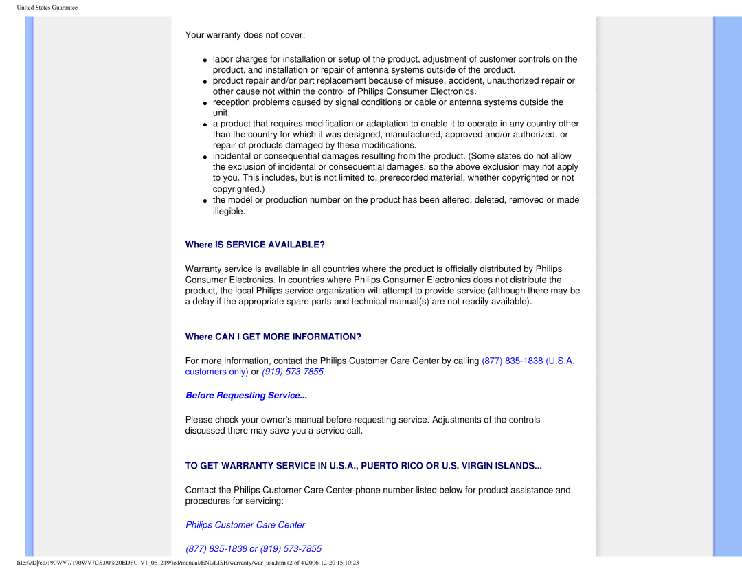 Philips 190WV7 user manual Before Requesting Service 