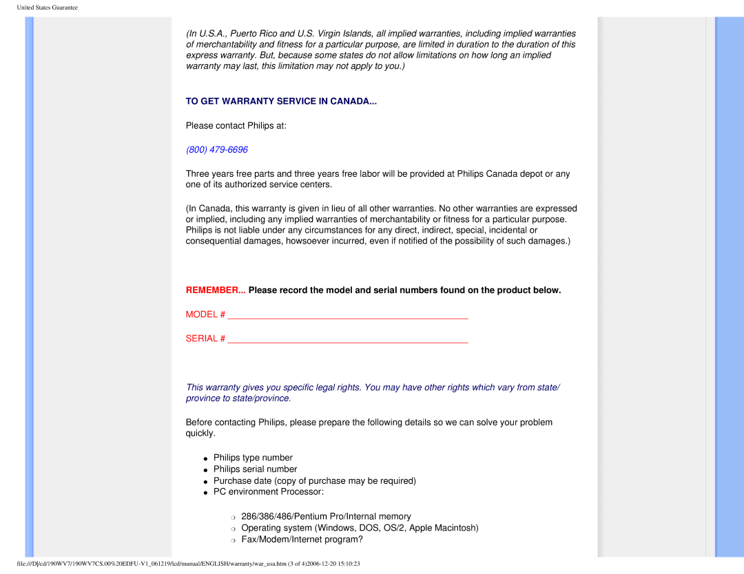 Philips 190WV7 user manual To GET Warranty Service in Canada 