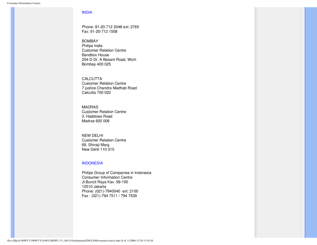 Philips 190WV7 user manual India, Indonesia 