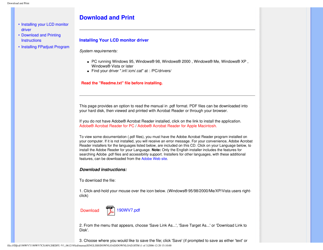Philips 190WV7 user manual Download and Print, Installing Your LCD monitor driver, Download instructions 