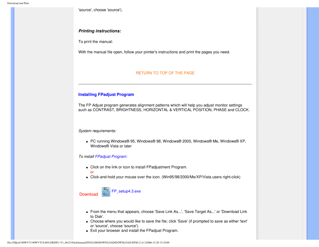 Philips 190WV7 user manual Printing instructions, Installing FPadjust Program 