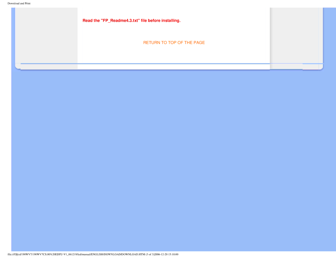 Philips 190WV7 user manual Read the FPReadme4.3.txt file before installing 