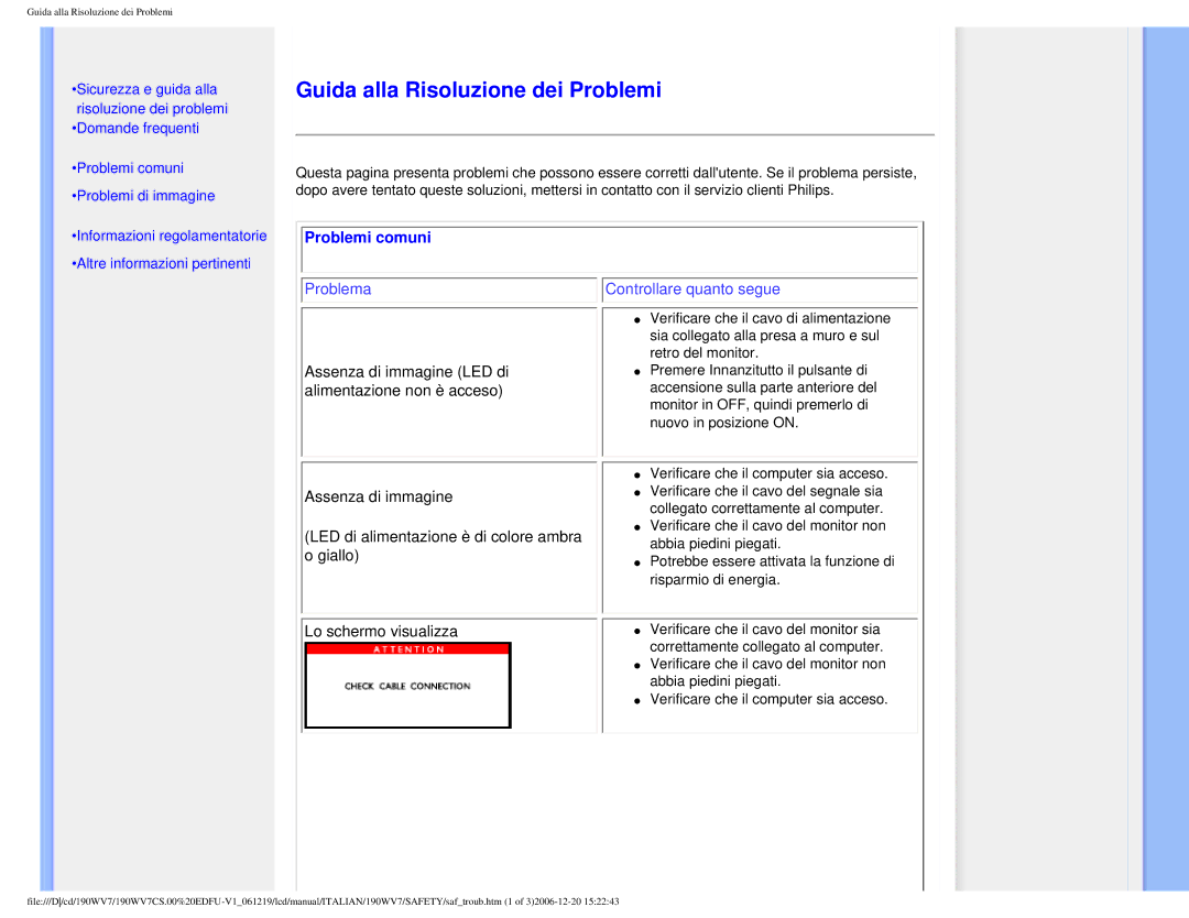 Philips 190WV7 user manual Guida alla Risoluzione dei Problemi, Problemi comuni 