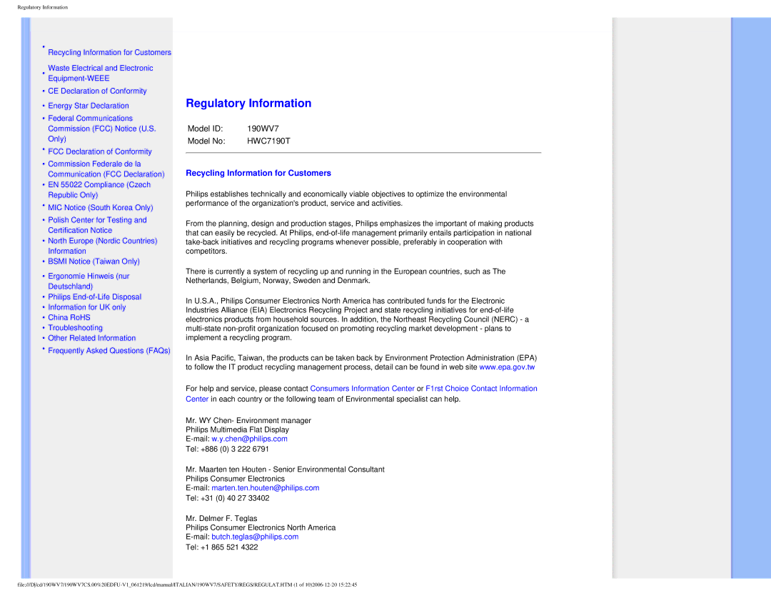 Philips 190WV7 user manual Regulatory Information 