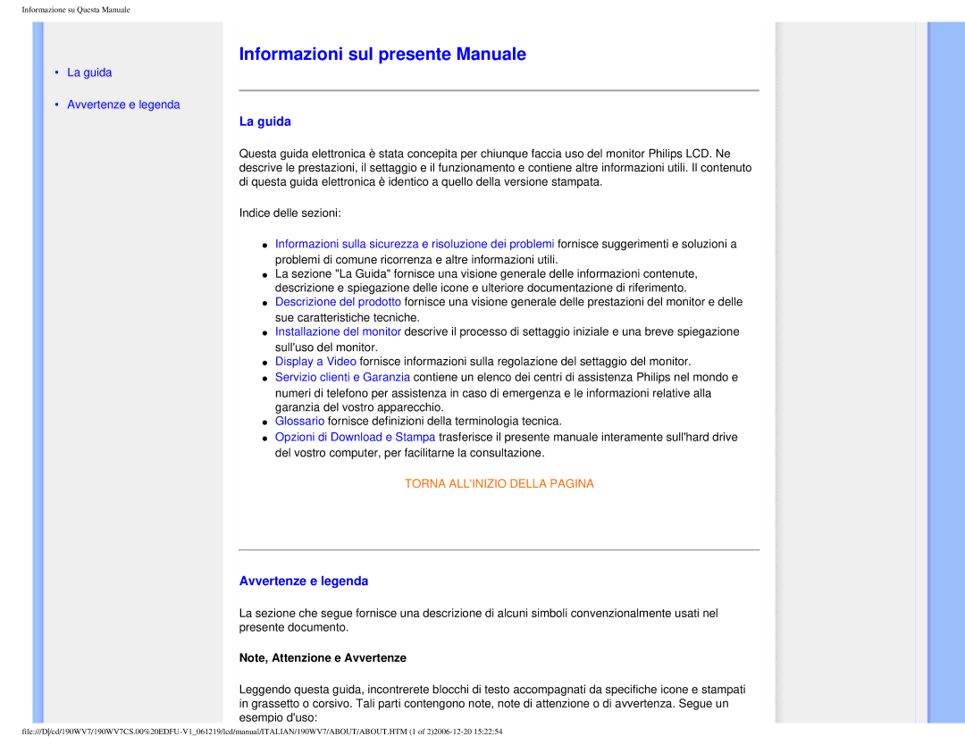 Philips 190WV7 user manual Informazioni sul presente Manuale, La guida, Avvertenze e legenda 
