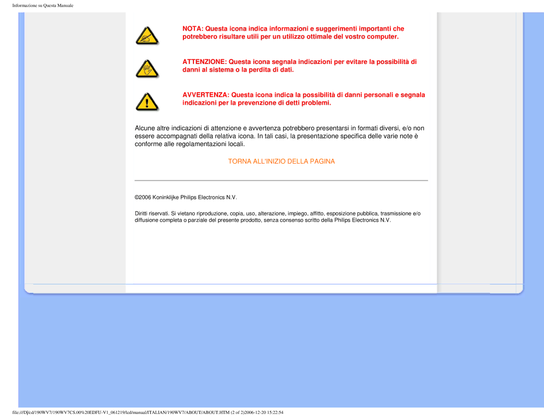 Philips 190WV7 user manual Torna Allinizio Della Pagina 